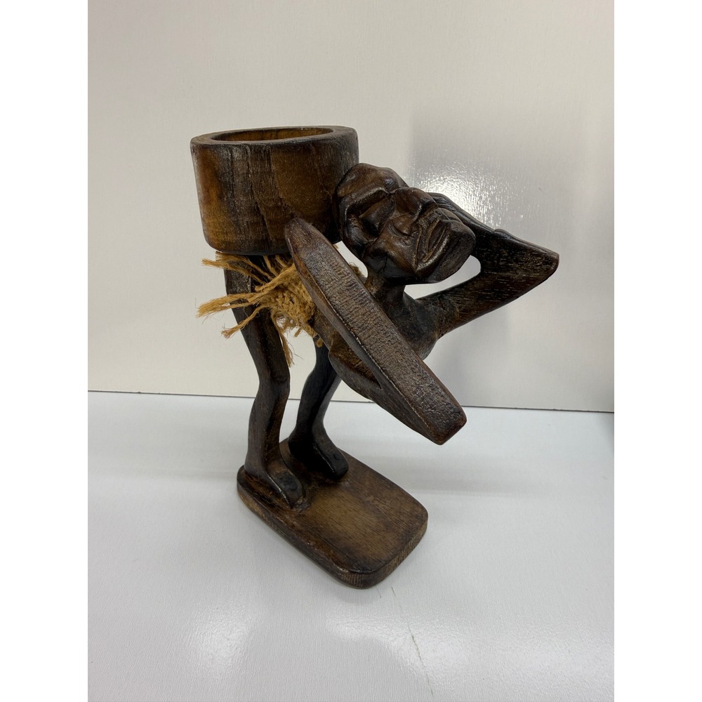 Hand Carved Wooden Figure Carrying Bowl Folk Art Sculpture Dark Wood Decor